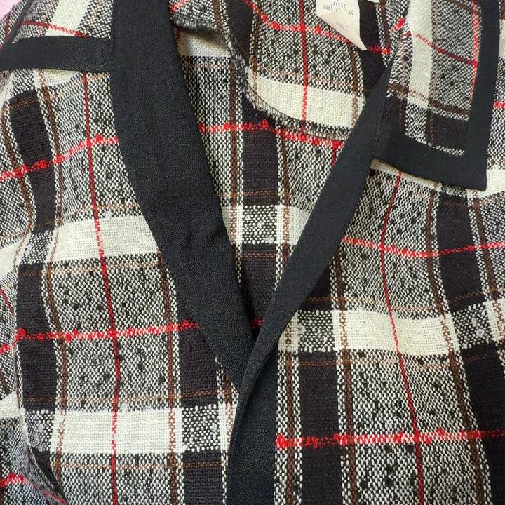 Tag view of Julian Taylor multicolor plaid cropped blazer jacket showing the full plaid pattern and tailored fit