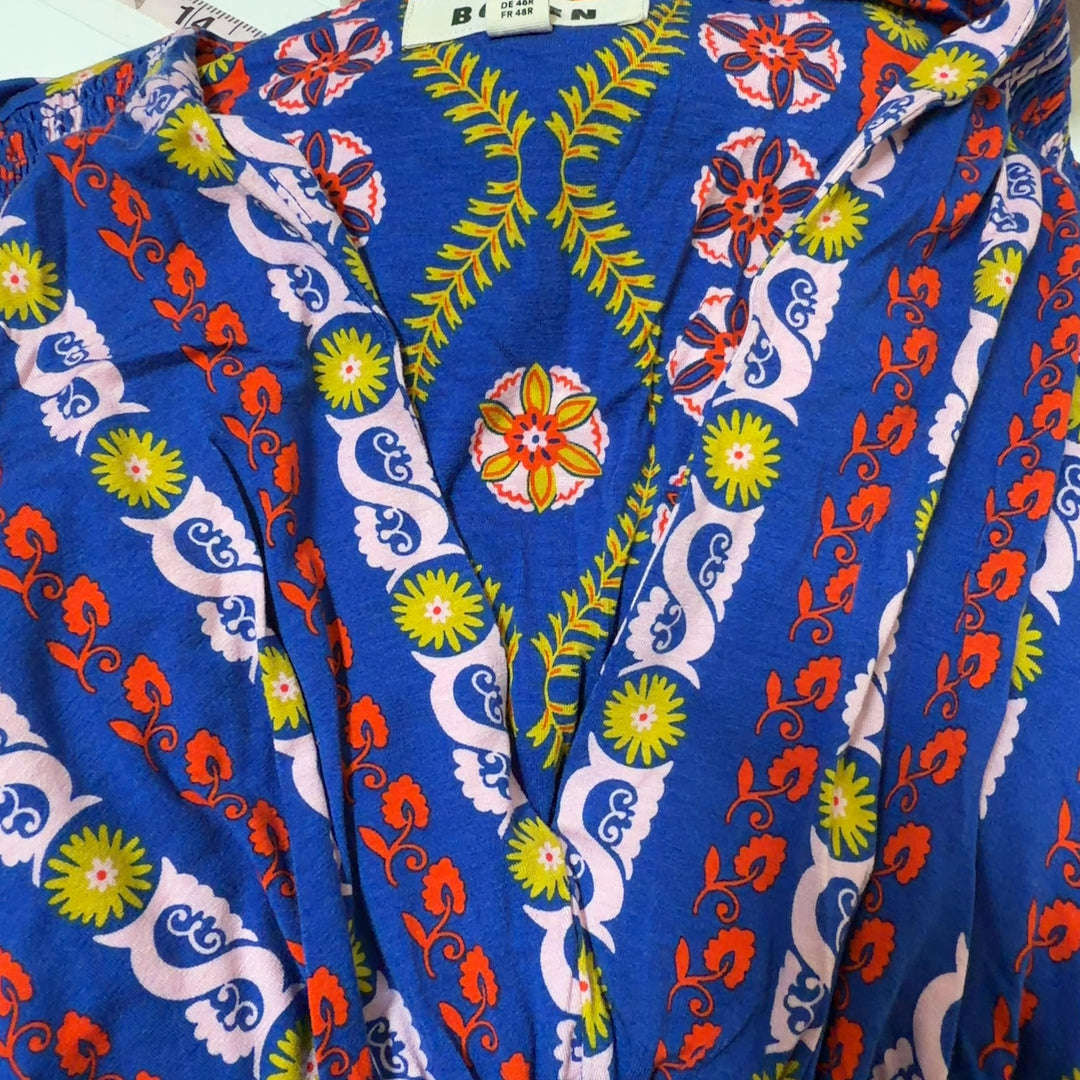 Tag view of blue multicolor geometric print Boden midi dress showing A-line silhouette and tribal pattern details