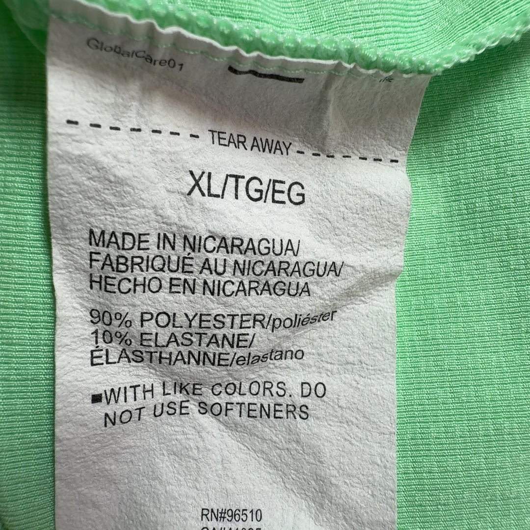 Mint green Under Armour v-neck activewear t-shirt back view on model, size XL