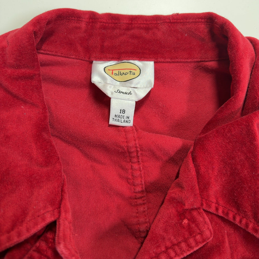 Red cotton velvet button-up jacket with long sleeves and structured silhouette, back view