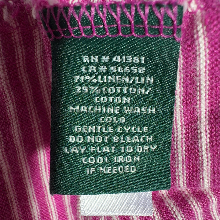 Lauren Ralph Lauren pink and white striped short sleeve top, back view showing relaxed fit