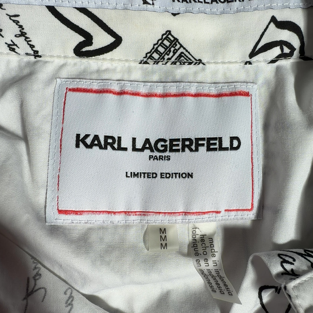 Cream Karl Lagerfeld cotton button-up shirt with all-over Paris graphic design, back view on model