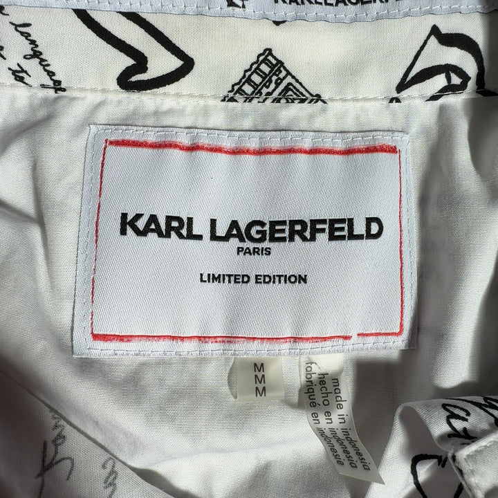 Cream Karl Lagerfeld cotton button-up shirt with all-over Paris graphic design, back view on model