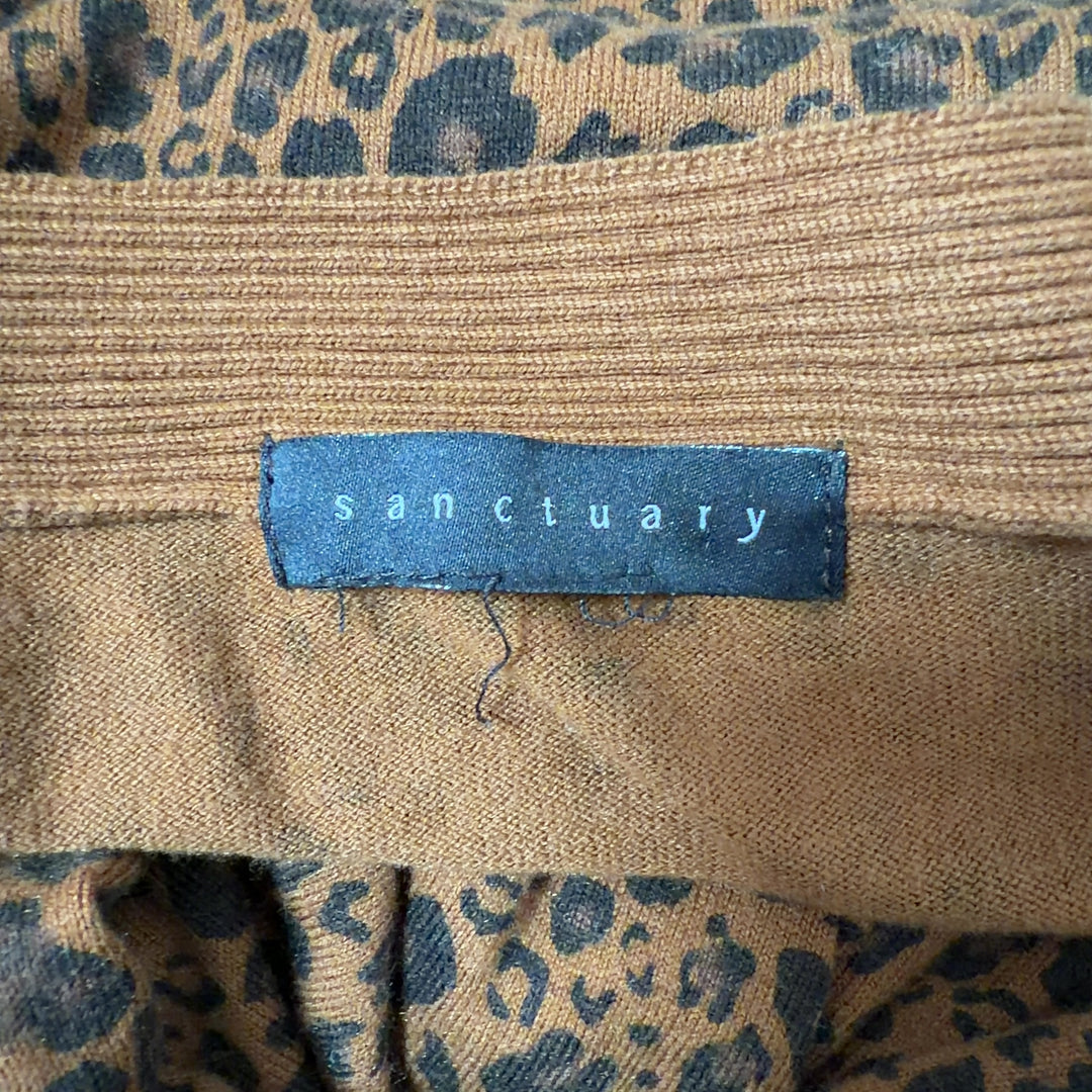 Brown leopard print knit cardigan by Sanctuary, back view showing full length and pattern