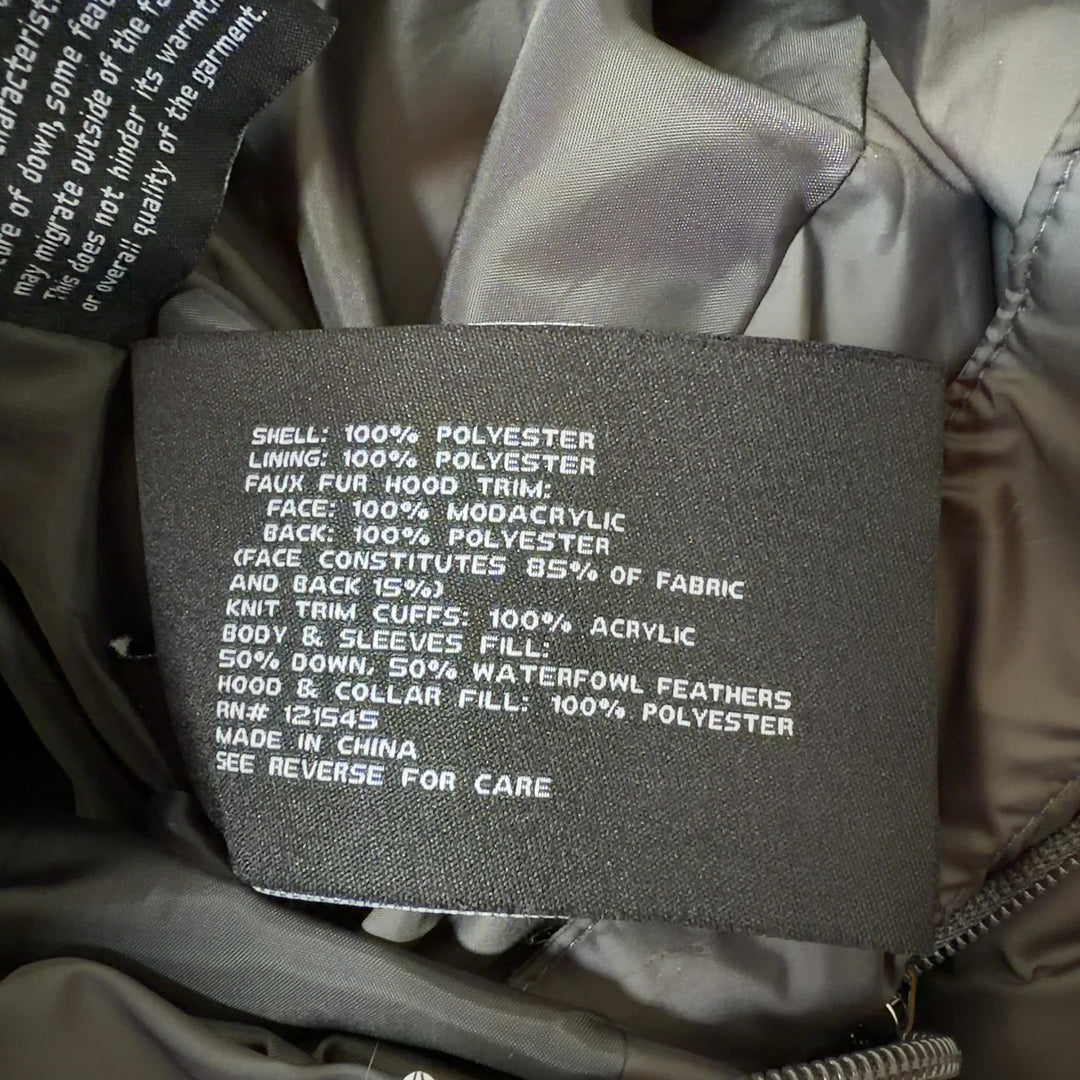Olive down puffer coat with faux fur-trimmed hood, back view, quilted design by London Fog