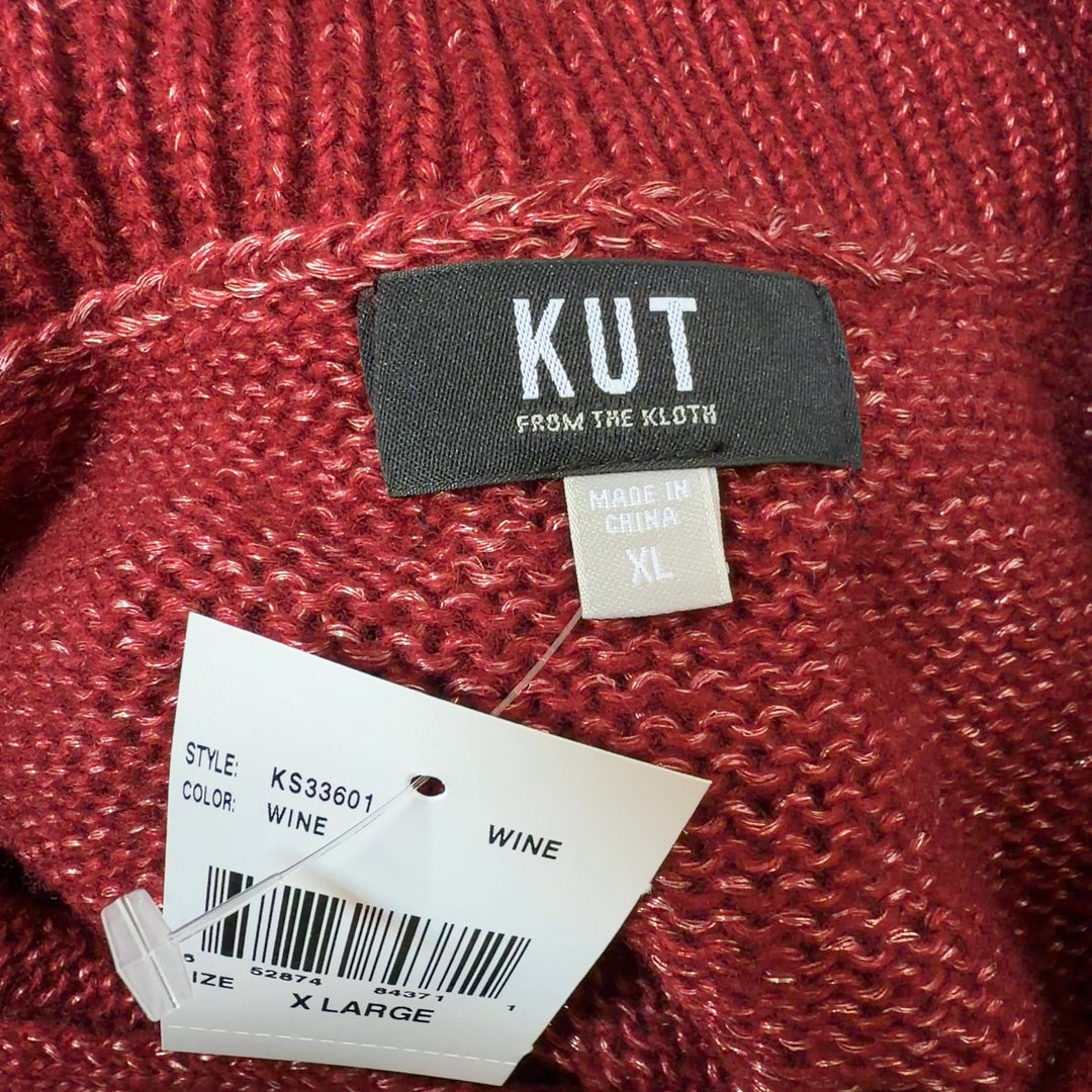 Burgundy ribbed knit pullover sweater back view, showing relaxed fit and textured knit pattern