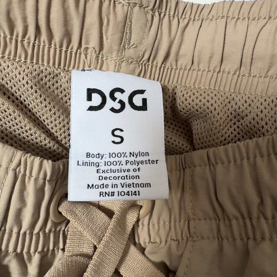 Beige DSG athletic shorts back view, showing relaxed fit and functional pockets