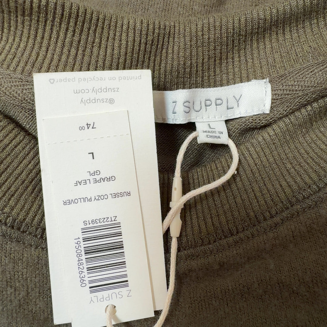 Olive green knit pullover sweatshirt with relaxed fit, back view