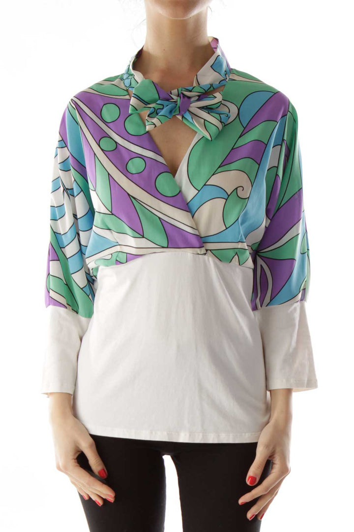 Multicolor Print Neck Tie Blouse