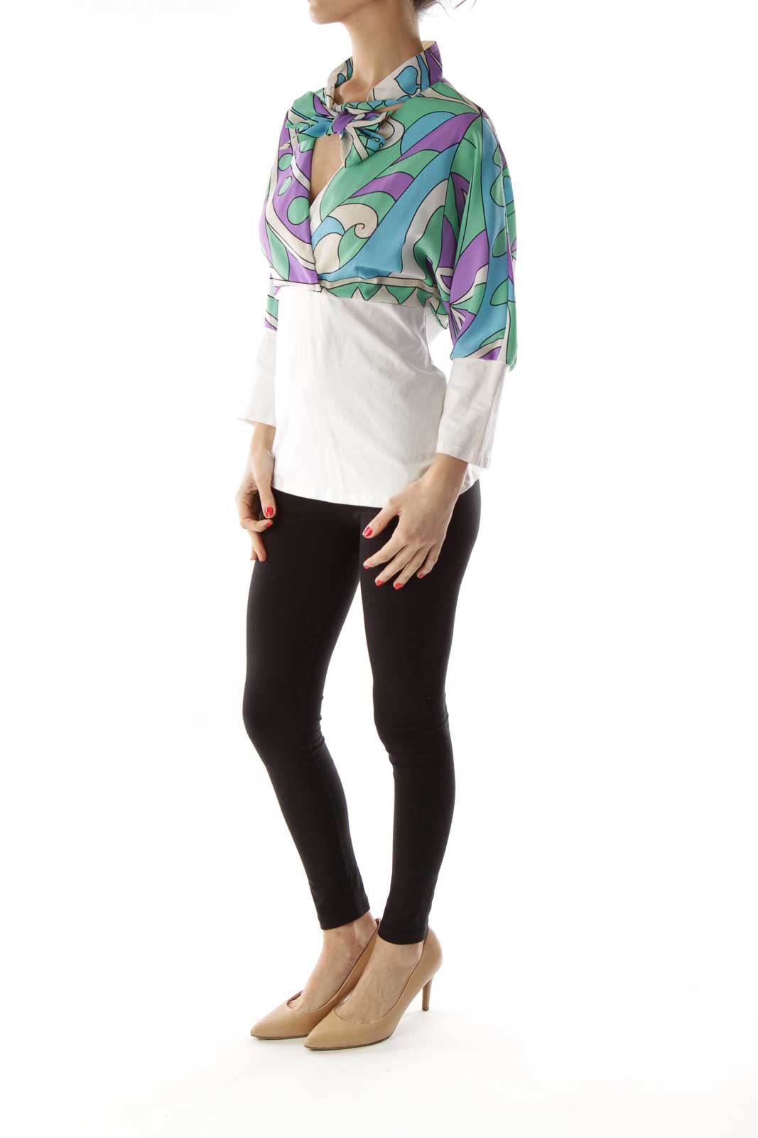 Multicolor Print Neck Tie Blouse