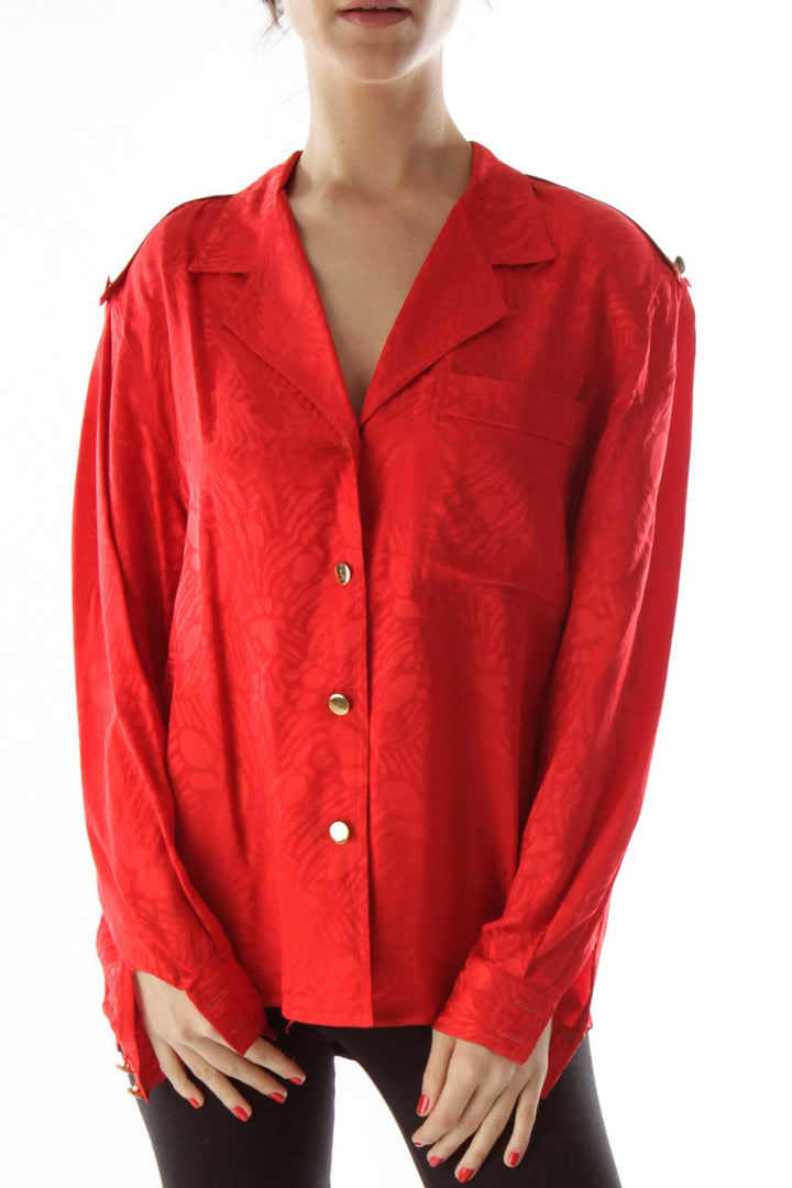 Red Printed Silk Buttoned Blouse