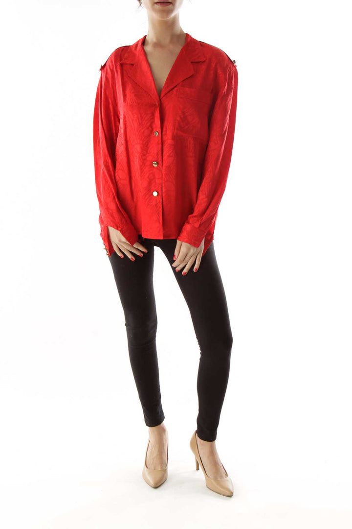 Red Printed Silk Buttoned Blouse