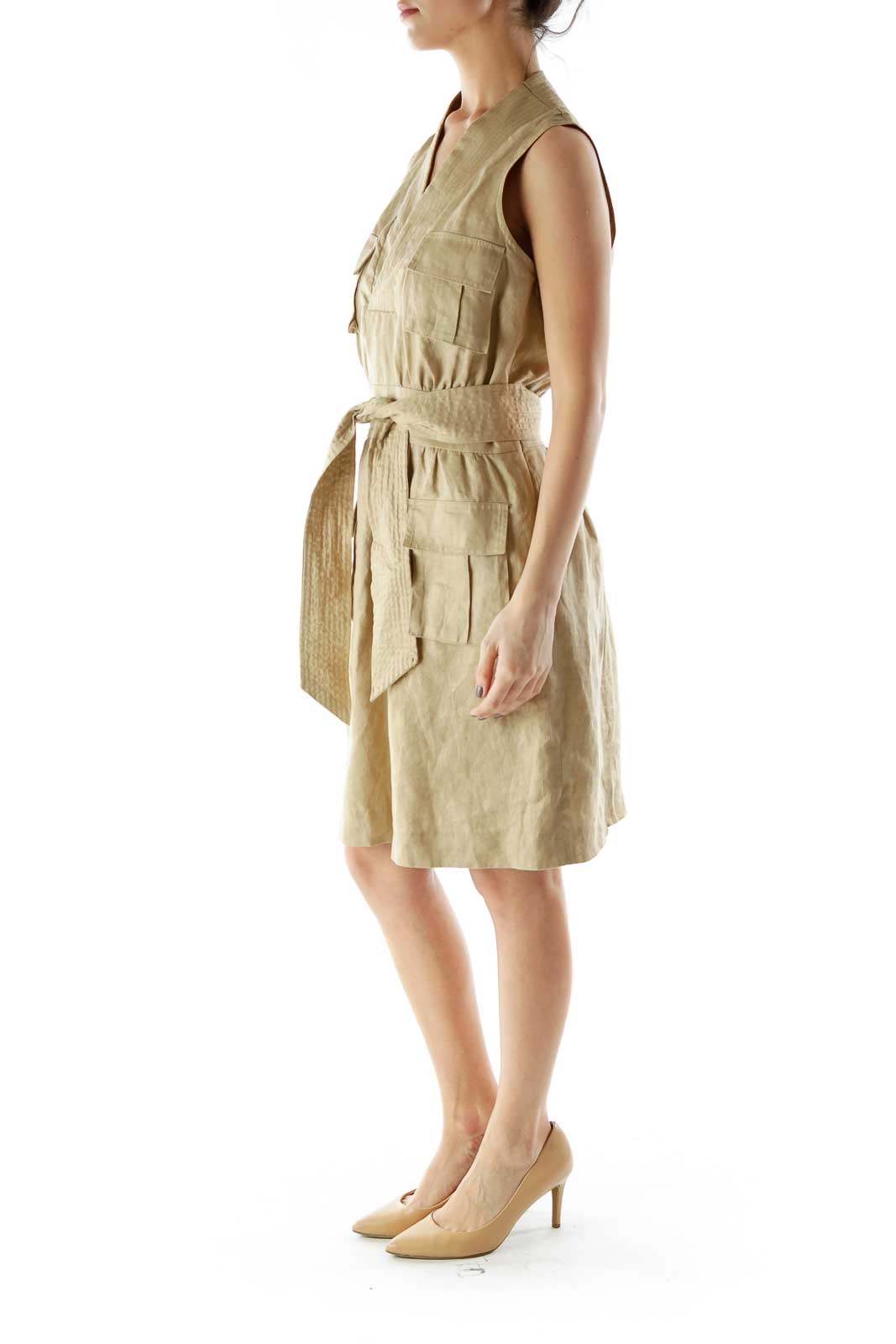 Beige Metallic Linen Day Dress With Sash