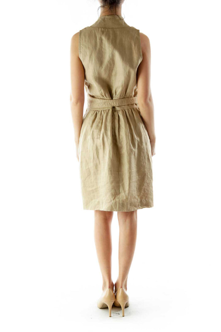 Beige Metallic Linen Day Dress With Sash