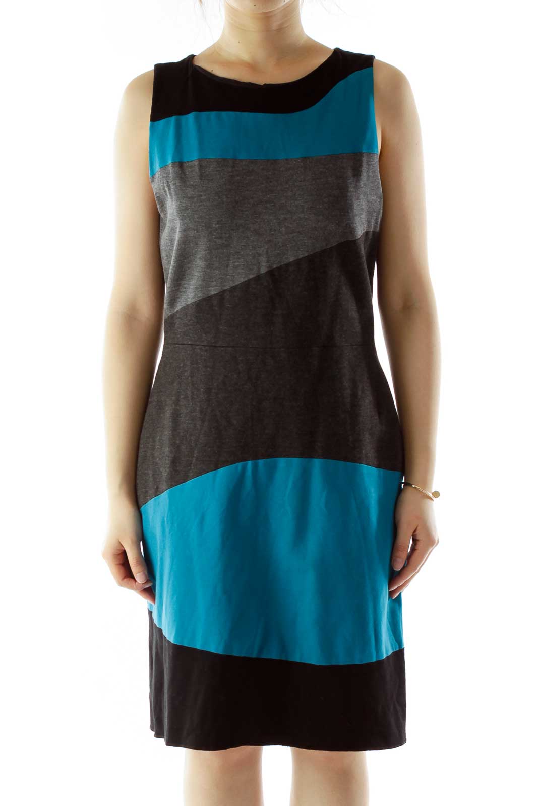 Black Gray Blue Color Block Work Dress