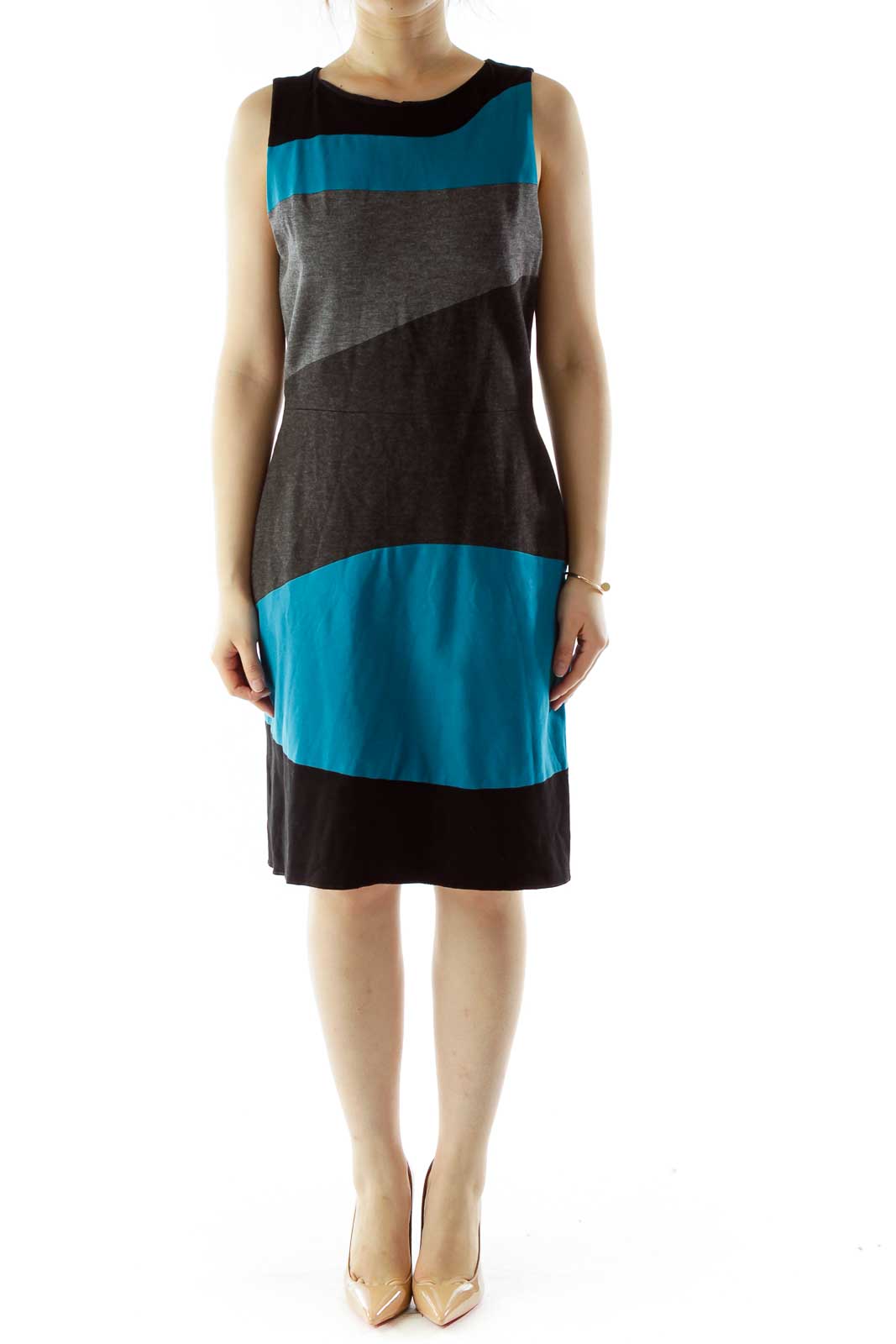 Black Gray Blue Color Block Work Dress