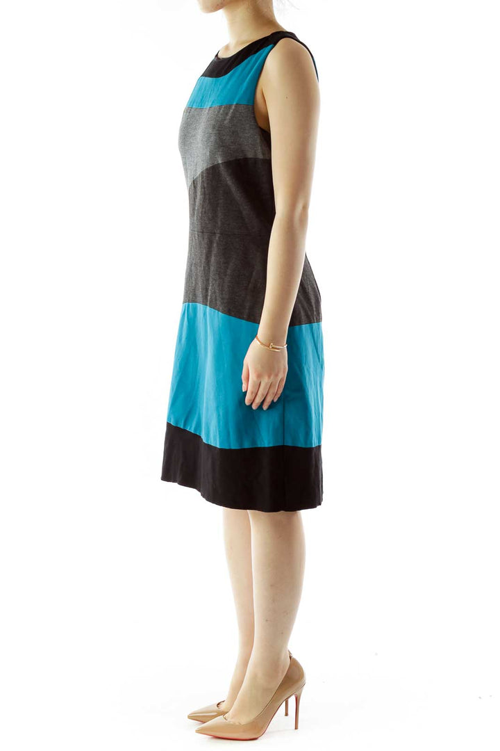 Black Gray Blue Color Block Work Dress