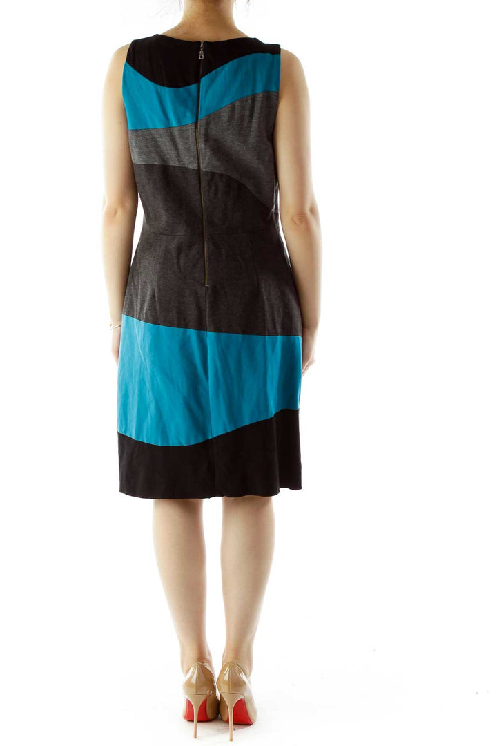 Black Gray Blue Color Block Work Dress