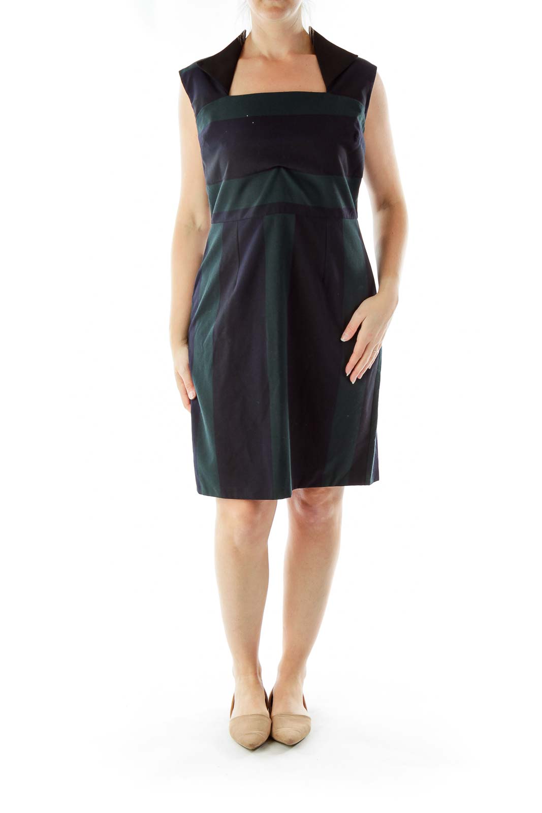 Black Green Square Neck Work Dress