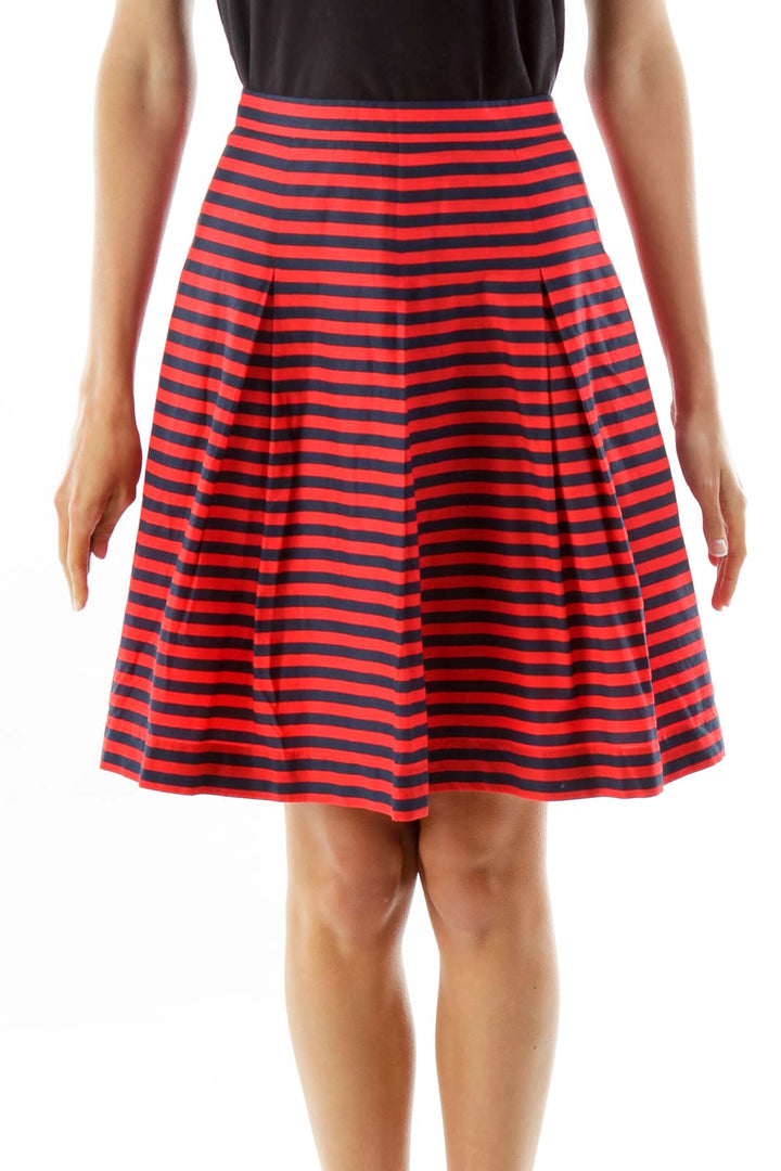 Red Navy Striped Pleated Skirt