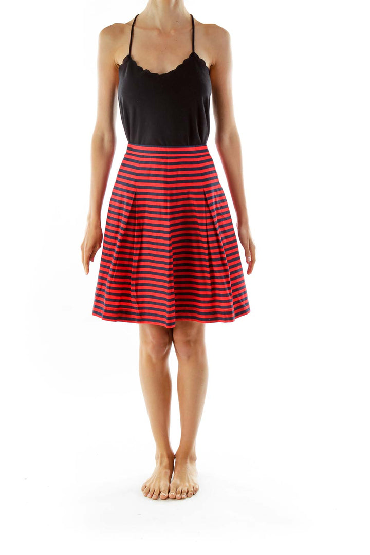 Red Navy Striped Pleated Skirt