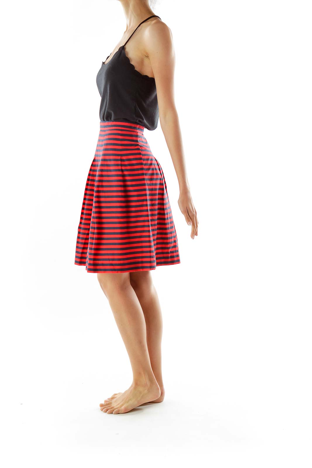 Red Navy Striped Pleated Skirt