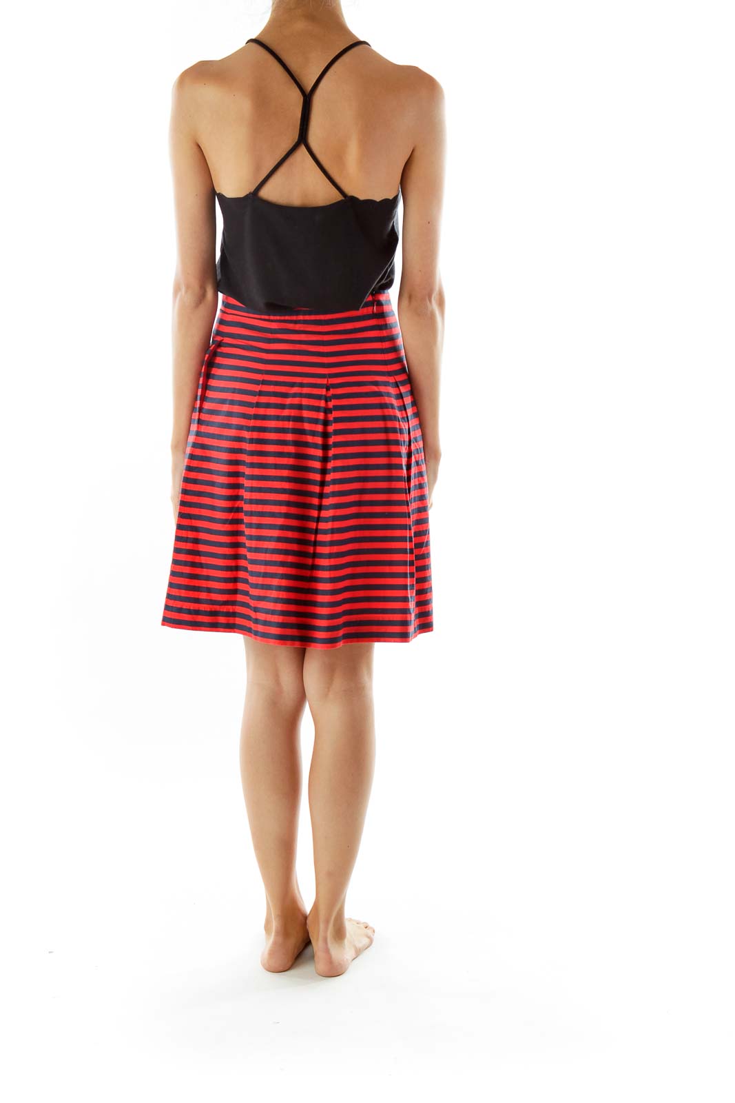 Red Navy Striped Pleated Skirt