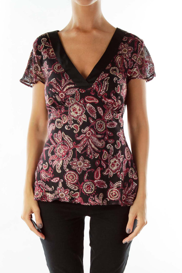 Black Petite Pink Velvet Pattern V-neck Blouse