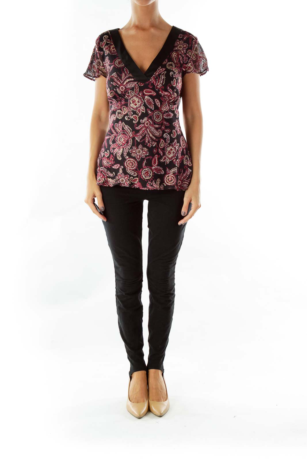 Black Petite Pink Velvet Pattern V-neck Blouse