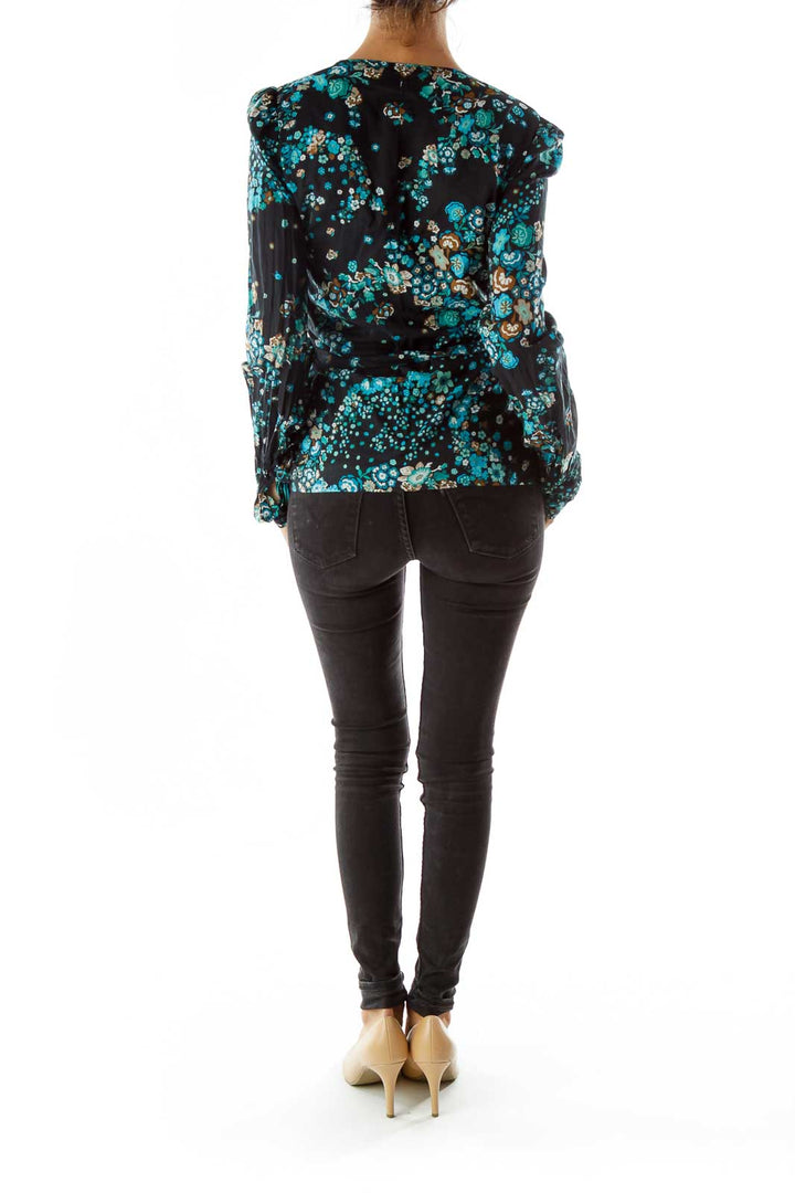 Black Floral Print Wrap Blouse