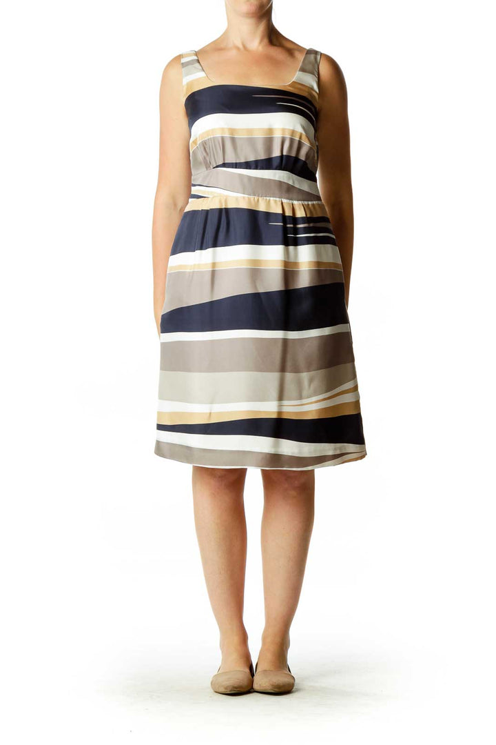 Brown Navy Satin Striped Dress