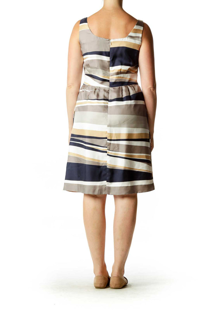 Brown Navy Satin Striped Dress