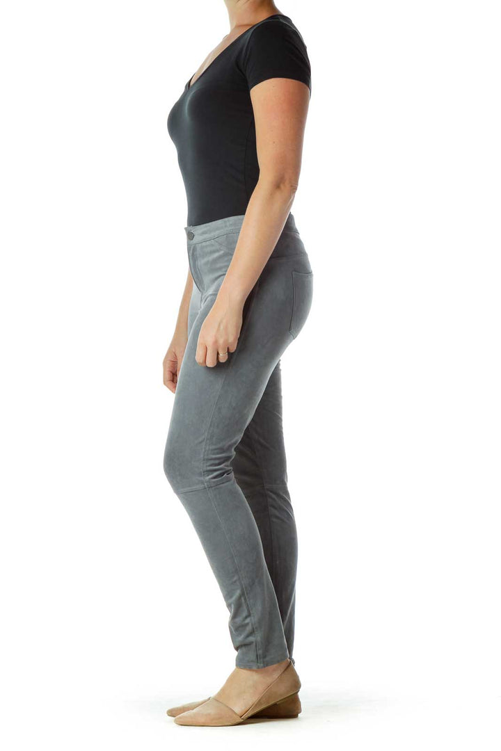 Gray Suede Skinny Zipper Leg Pants