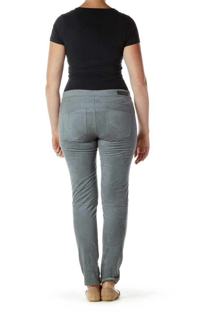 Gray Suede Skinny Zipper Leg Pants