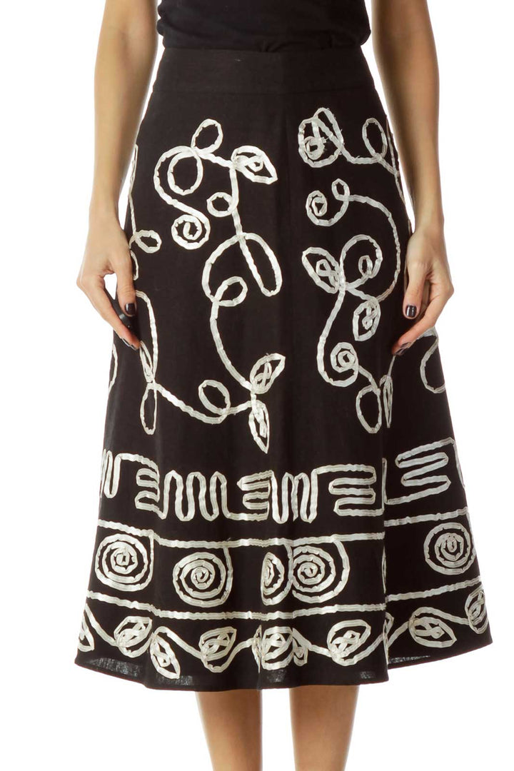 Black White Ribbon Stitched Flared Maxi Skirt