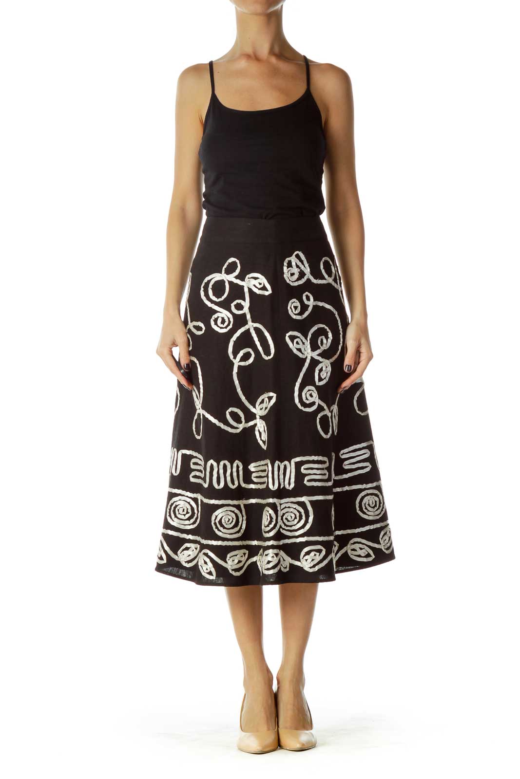 Black White Ribbon Stitched Flared Maxi Skirt