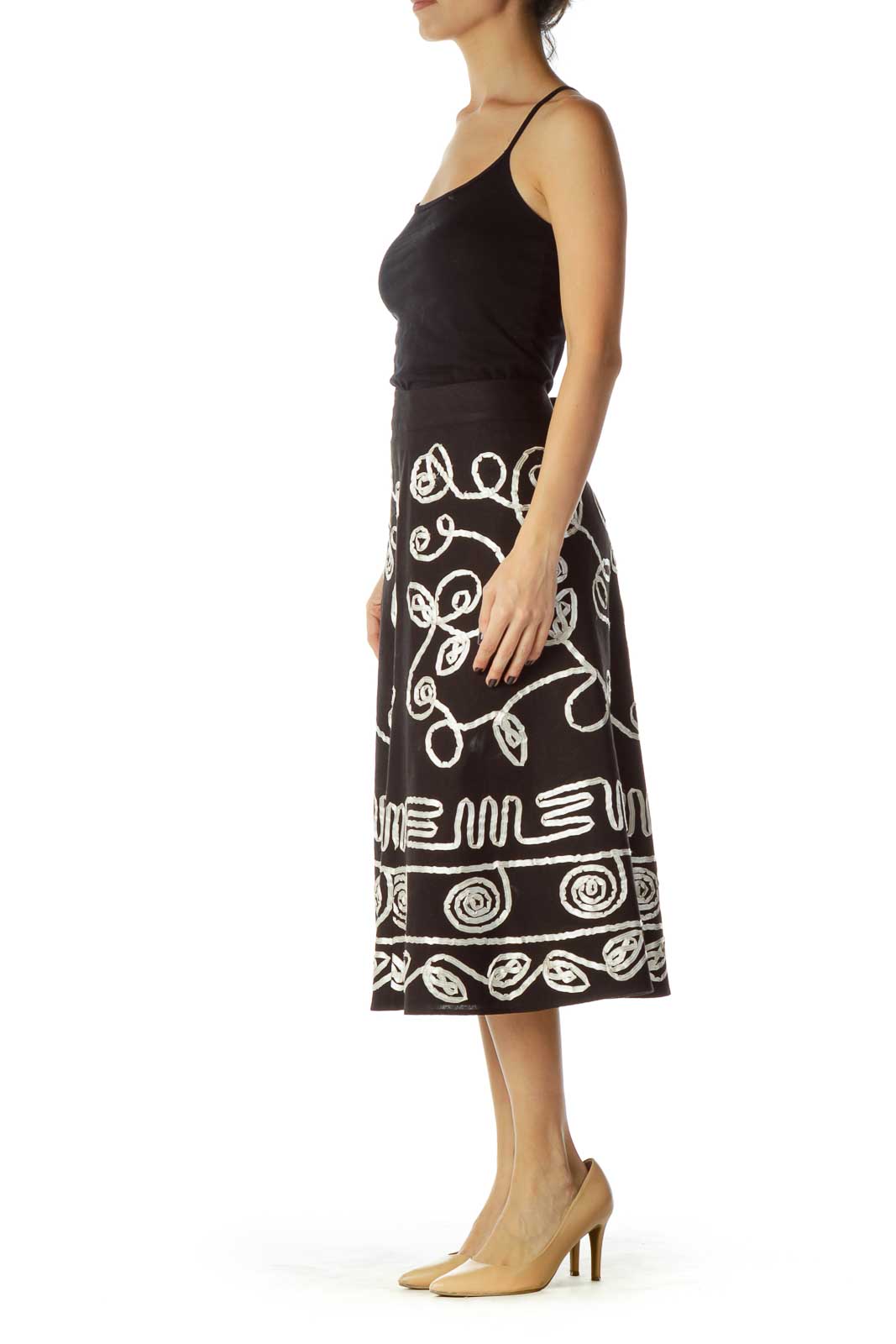 Black White Ribbon Stitched Flared Maxi Skirt