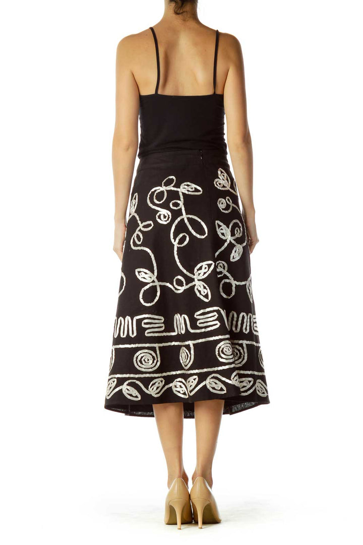 Black White Ribbon Stitched Flared Maxi Skirt