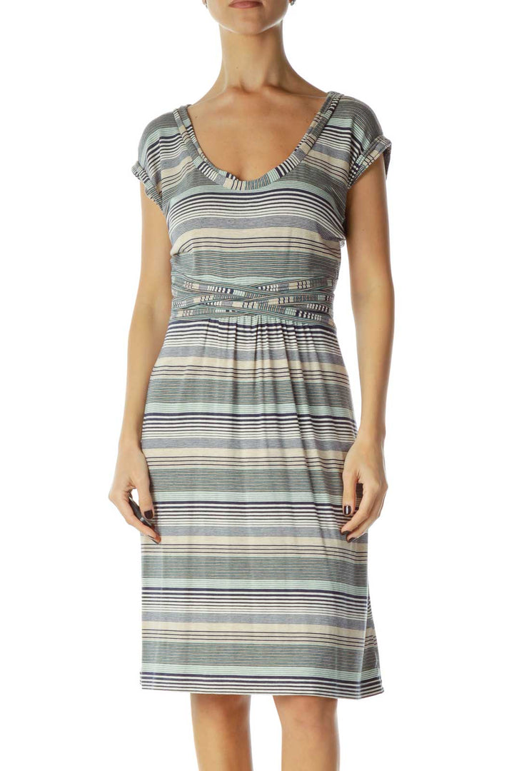 Navy Beige Striped Belted Day Dress