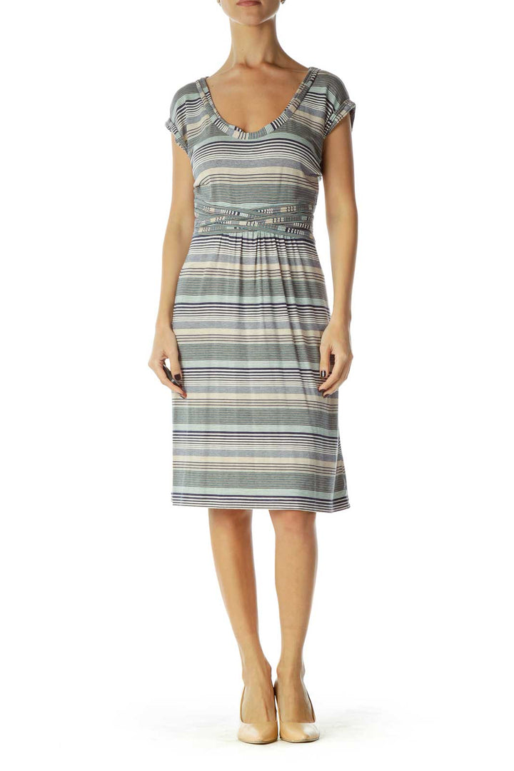 Navy Beige Striped Belted Day Dress