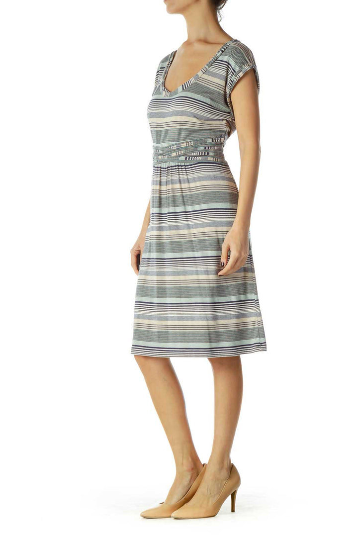 Navy Beige Striped Belted Day Dress