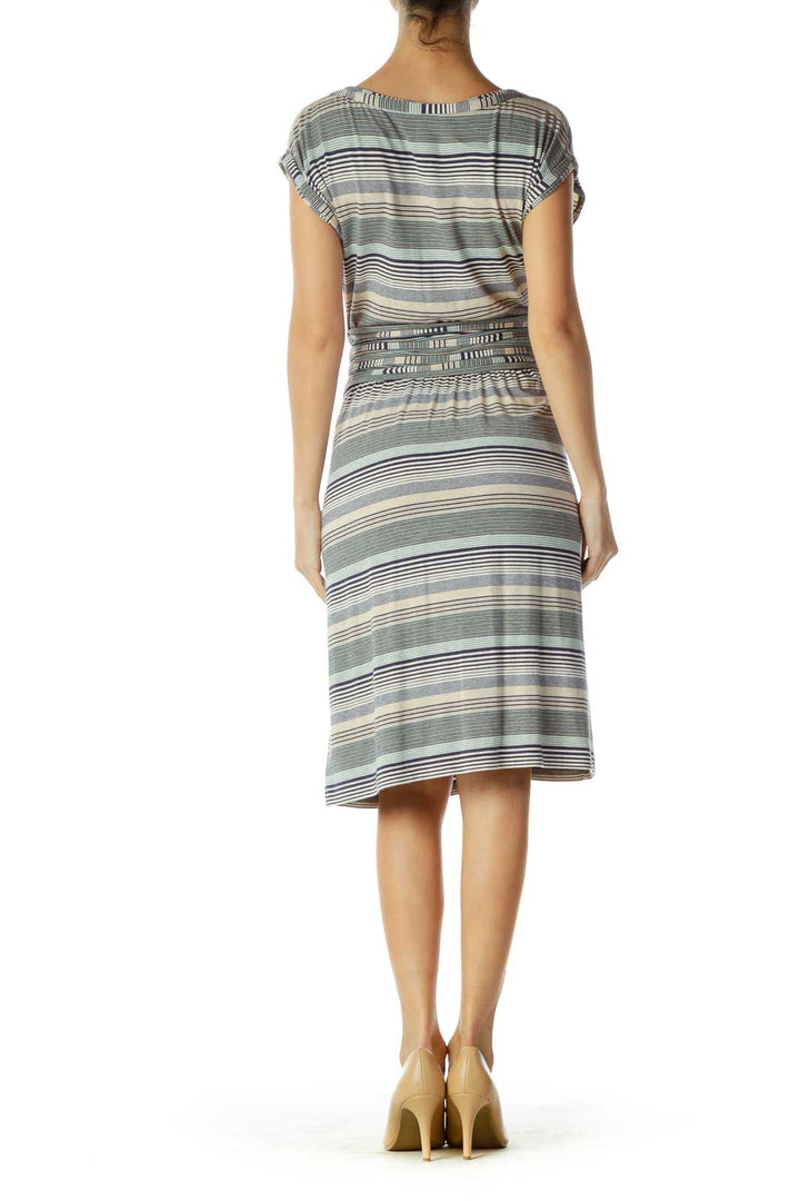 Navy Beige Striped Belted Day Dress