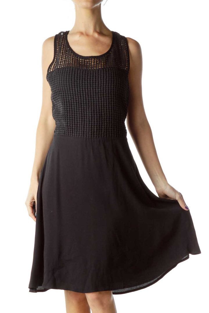 Black Crocheted Detail Flared Dress