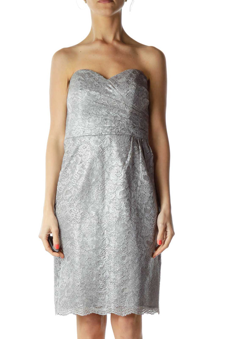 Gray Silver Metallic Lace Strapless Cocktail Dress