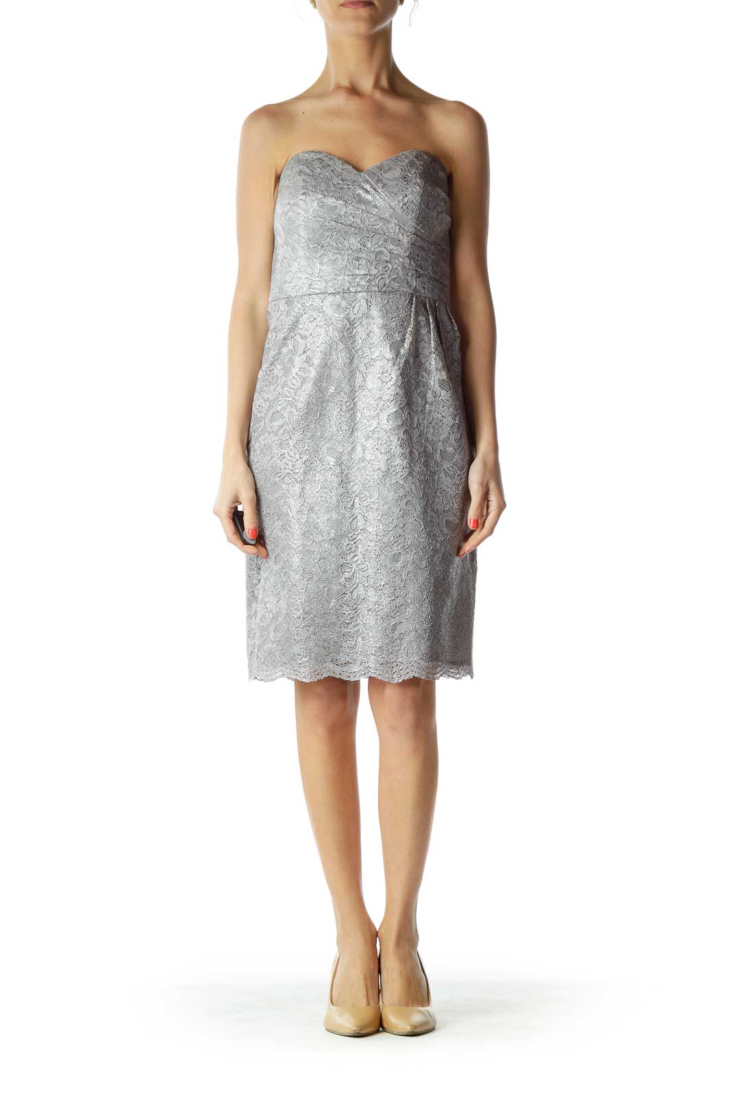 Gray Silver Metallic Lace Strapless Cocktail Dress