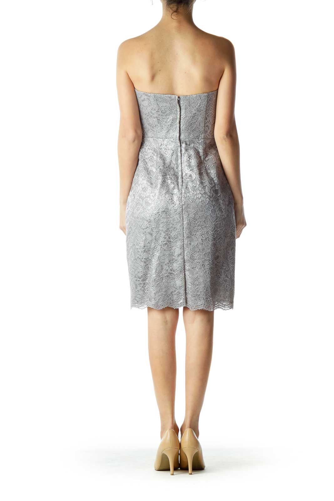 Gray Silver Metallic Lace Strapless Cocktail Dress