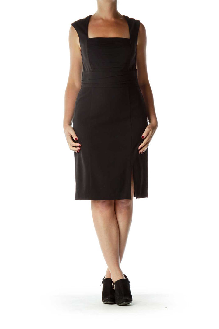 Black Square Neck Pleated Cocktail Dress