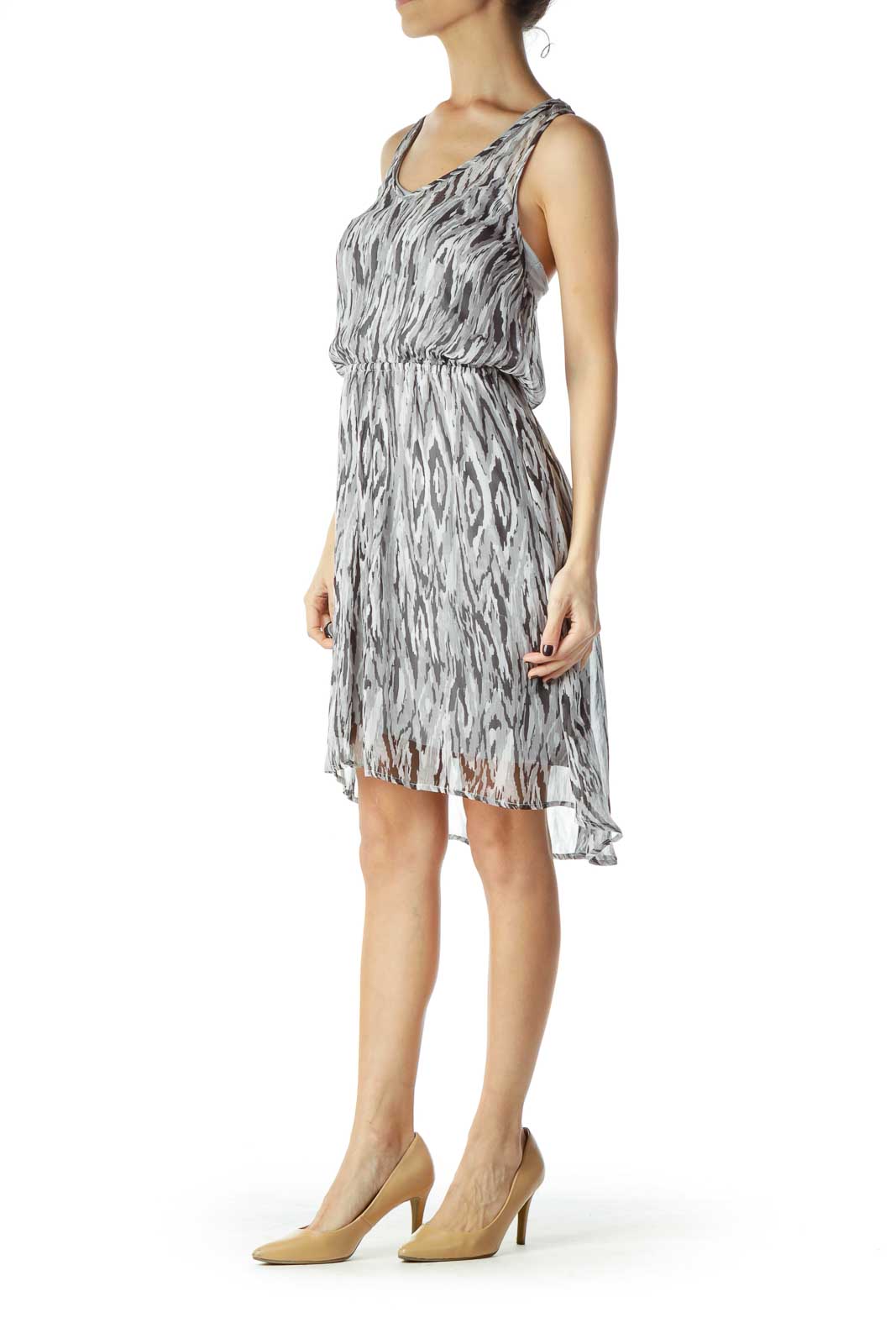 Gray Black Print Sheer Stretchy A-line Dress