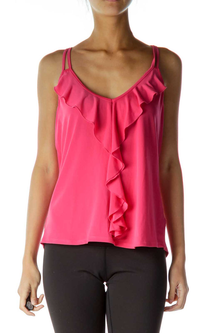 Pink Spaghetti-strap Ruffled Top