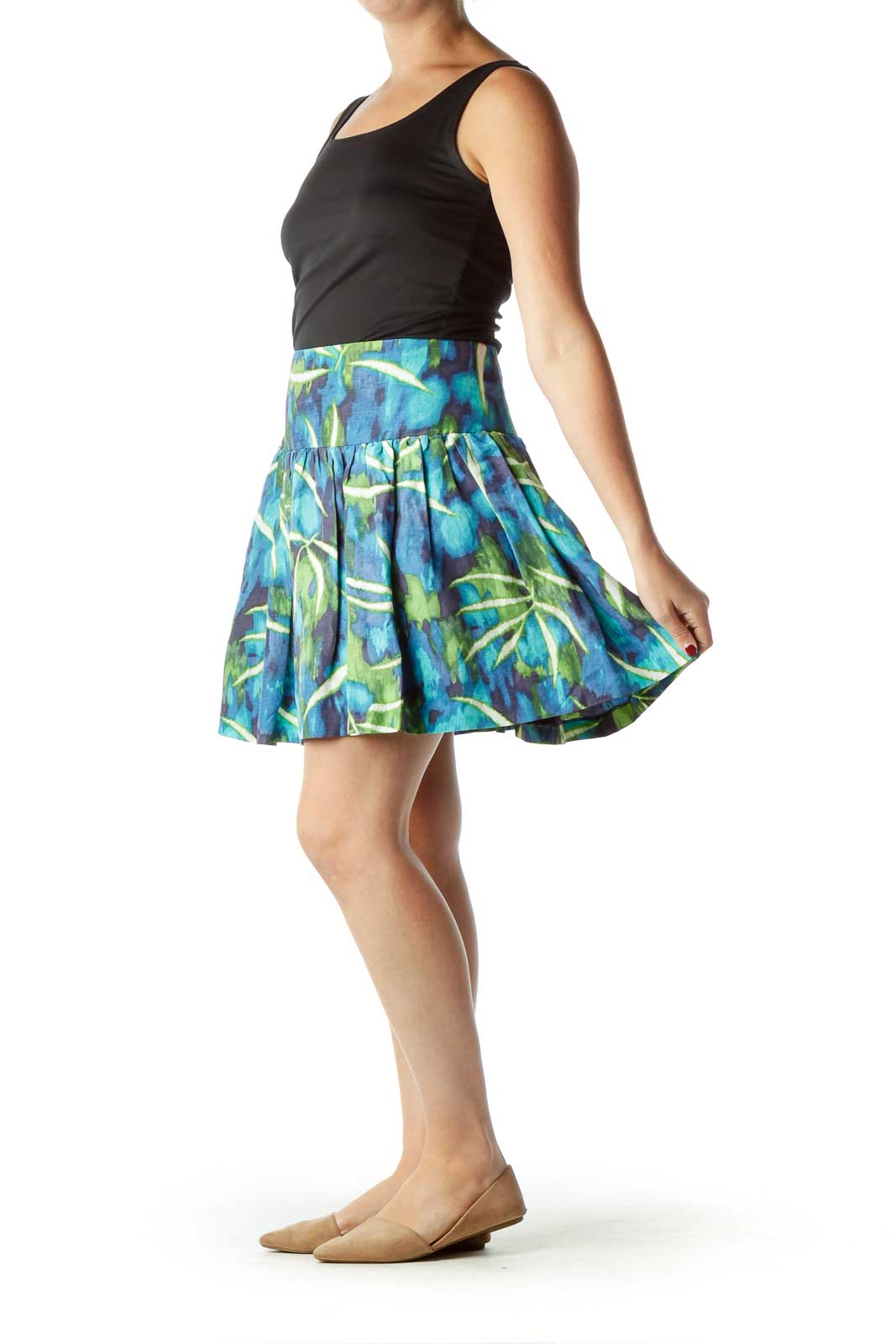 Blue Green White Tropical Print Skirt